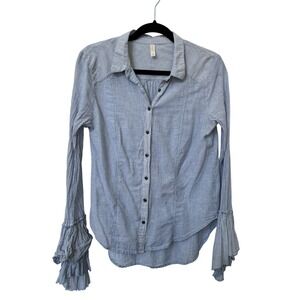 Free People Blue White Pinstripe Ruffle Bell Cuff Button Down Shirt Womens S